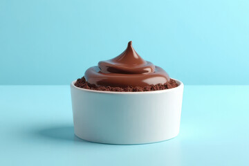 Tempting Chocolate Mousse Photography: Minimalist Pastel Blue Background, Clean Food Style, Rim Lighting Radiance, Spacious Layout, High Resolution