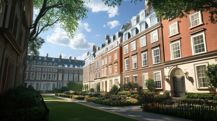 Fototapeta premium Elegant London Townhouses: A Sunlit Courtyard Oasis