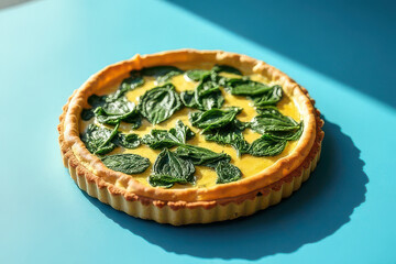 Delicious Spinach Quiche Food Photography: Clean Style, Dusty Blue Background, Colored Gel Lighting