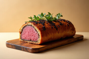 Tempting Beef Wellington on Wooden Cutting Board: Clean Food Photography with Natural Light