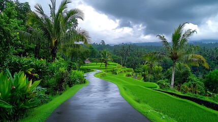 there is a wet road going through the middle of a lush green field