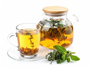 A cup of herbal tea and a glass teapot, perfect for a relaxing moment