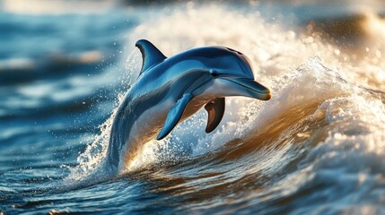 Fototapeta premium a breathtaking spectacle of a dolphin playfully breaching through the ocean waves as the golden sunlight dances upon the glistening surface creating a harmonious contrast