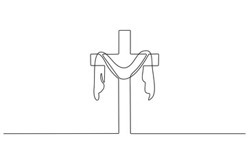 Continuous one line drawing of Jesus crucifixion wrapped flying cloth. Single line drawing illustration of A cross with flying cloth. Happy Ascension Day concept vector art. Doodle line illustration.