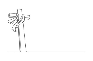 Continuous one line drawing of Jesus crucifixion wrapped flying cloth. Single line drawing illustration of A cross with flying cloth. Happy Ascension Day concept vector art. Doodle line illustration.