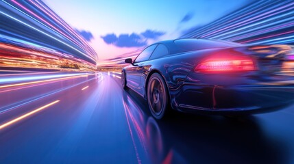 Naklejka premium Dynamic blurred motion of a dark car with glowing taillights at dusk