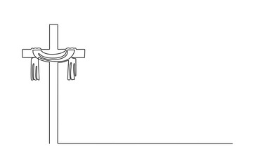 Continuous one line drawing of Jesus crucifixion wrapped flying cloth. Single line drawing illustration of A cross with flying cloth. Happy Ascension Day concept vector art. Doodle line illustration.