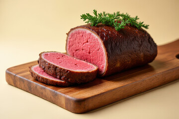 Tempting Beef Wellington on Wooden Cutting Board: Clean Food Photography with Natural Light