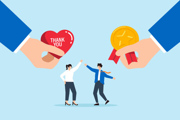 Flat illustration of employees appreciated and rewarded with hands giving thank you heart and gold medal employee recognition motivation and workplace appreciation