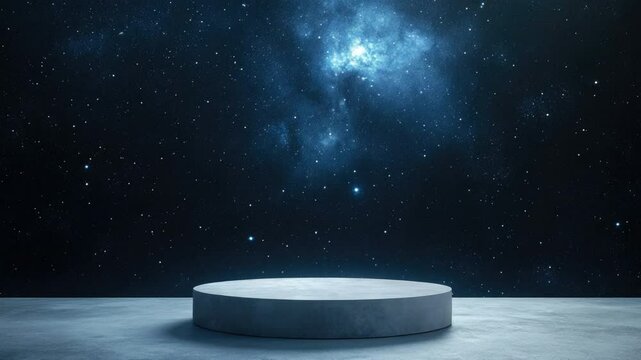Circular platform illuminated in cosmic galaxy space with stars and nebulas creating an ethereal backdrop for creative presentations 4k video footage