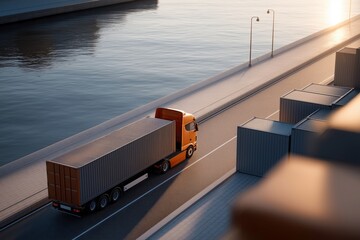 Orange Semi Truck Carrying Cargo Container on Waterfront Road at Sunset