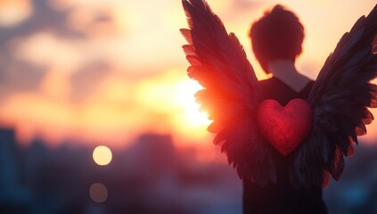 Angel with heart, sunset view