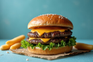 Tempting Mushroom Swiss Burger: Rustic Corner Food Photography with Pastel Blue Background and Ambient Candlelight