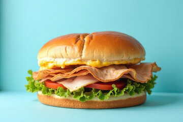 Tempting Turkey Club Sandwich in Cozy Window Light Corner on Pastel Blue Background