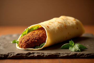Tempting Falafel Wrap: Elegant Fine Dining Photography on Warm Taupe Background