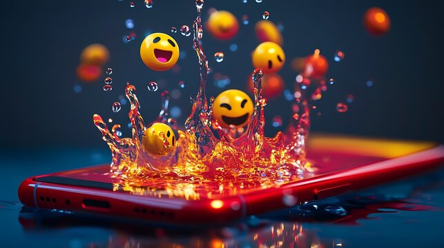 Phone screen splashing emojis like a fountain