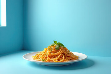Minimalist Pad Thai Photography: Clean Food Style, Dusty Blue Background, Sunset Window Light