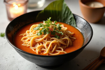 Rustic Ramen Bowl Photography: Clean Food Style, Ambient Candlelight, High Resolution