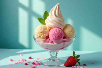 Elegant Ice Cream Sundae Photography: Fine Dining Corner, Dusty Blue Background, Sunset Window Light, Clean Style, High Resolution