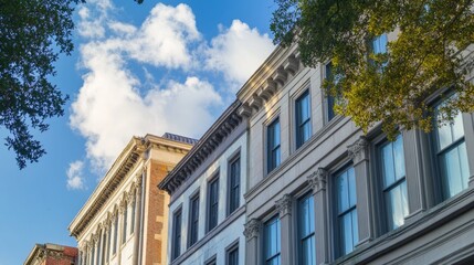 Fototapeta premium Architectural Gems: Elegant Buildings under a Blue Sky