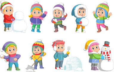 Children playing outside snowballs. Kids playing in winter outdoors. Colorful cartoon characters.