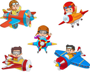 Set of children flying airplane illustration