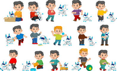 boys playing with mechanical pets. Happy smiling children and spending time with robotic dogs. Modern robot technology concept.