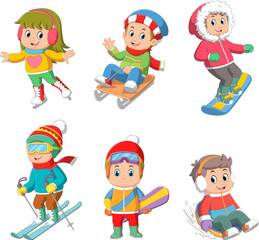 Winter sports for children. Colorful cartoon characters.