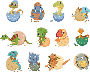 Cute baby dinosaurs hatching from egg set. Funny smiling new born prehistoric dino reptiles in shells collection