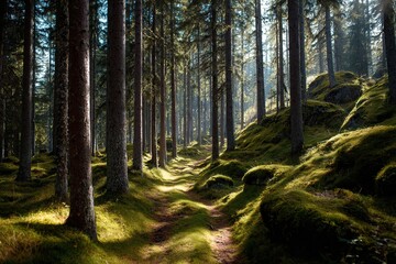 Obraz premium Sunlit Path Through Mossy Forest