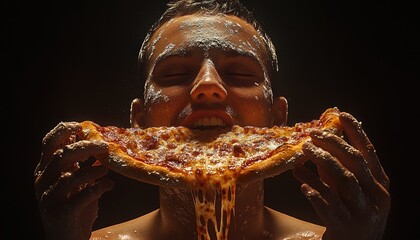 Homme savourant une part de pizza