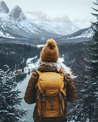 A woman hiker gazes at a wintry mountain landscape.