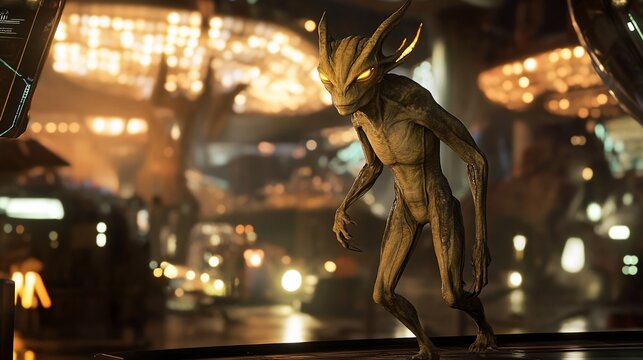 Captivating Alien Creature Standing with Glowing Eyes in Futuristic Cityscape