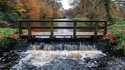 Fototapeta premium Autumnal Wooden Footbridge over a Stream with Waterfall