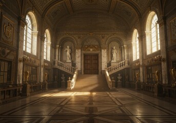 Fototapeta premium Grand hall with staircase and statues isolated on transparent background