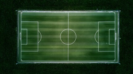 Aerial view of a meticulously maintained green soccer field, the white lines sharply defining its boundaries and center markings.