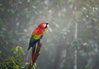 Colorful parrot on branch in forest