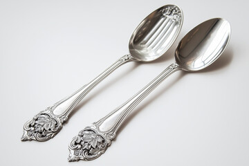 Silver metal spoon and fork are isolated kitchen utensils