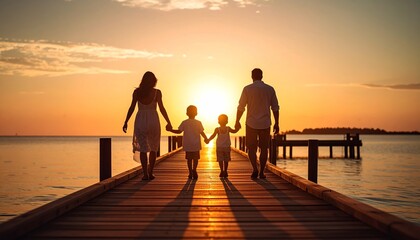 Silhouette of a family walking on a wooden pier towards the sunset, holding hands, creating a peaceful and heartwarming scene with vibrant orange hues