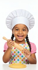 Cute little girl baking and cooking concept happy child with chef hat and rolling pin isolated on white