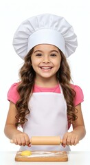 Cute little girl chef baking rolling dough with rolling pin in kitchen happy child cooking concept