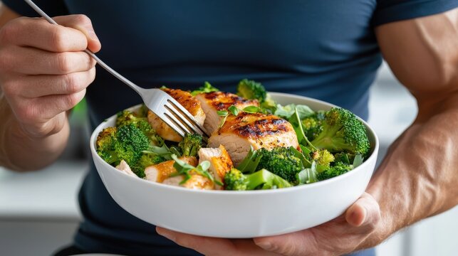 Muscular man holds a white bowl filled with grilled chicken and broccoli while eating it with a fork in a bright modern kitchen promoting a healthy diet.