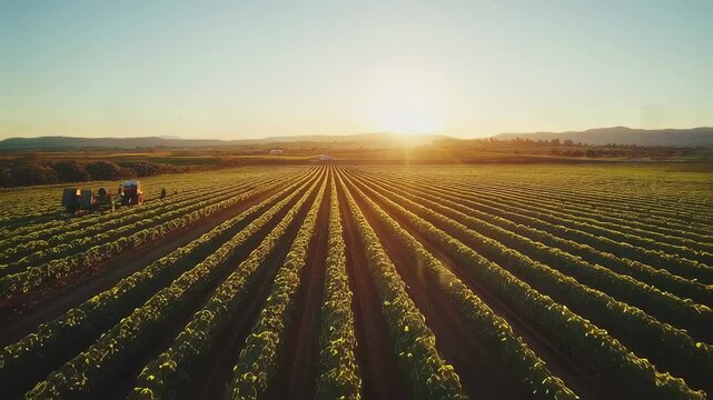 Aerial view of vineyard rows at sunset with tractor working in field