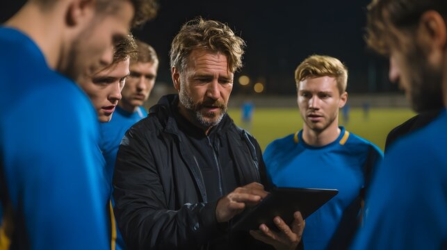 Soccer coach using a tablet to analyze strategy with his players on a sports field, discussing tactics and game plans under the stadium lights.