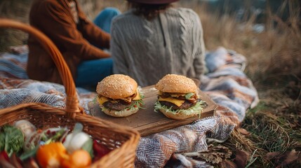 Couple enjoying a picnic with cheeseburgers on a blanket outdoors, featuring a basket with various snacks on a sunny day.