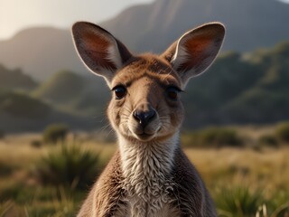 Close up of a kangaroo in a field with mountains in the background, looking directly at camera.