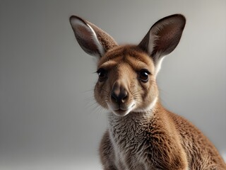 Close up studio shot of a kangaroo joey with brown fur and large ears looking at the camera.