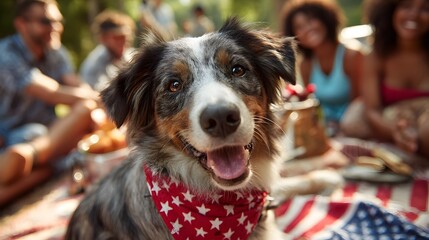 Dog at an outdoor summer gathering wearing a patriotic bandana, surrounded by friends and food. Celebrating together in the sunshine.