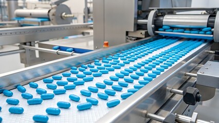 Obraz premium Pharmaceutical Manufacturing Line Producing Blue Pills on Conveyor Belt in Factory Environment