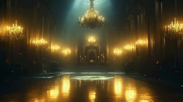 Sumptuous gilded ballroom with brilliant chandeliers casting golden light